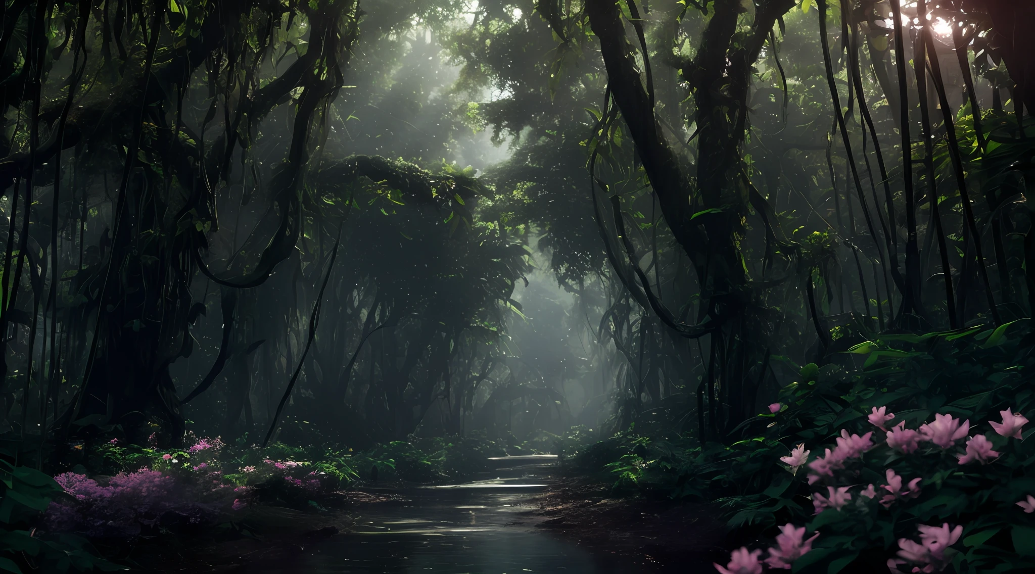 jungles，Ghastly，Futuristic，There are vines everywhere，The giant trees are wet again，tmasterpiece，The best quality，Extremely high level of detail，CG unity 8k wallpaper，award winning photography，Background bokeh，depth of fields，hdr，blossom flower，color difference，photograph realistic，The is very detailed，Popular on artstation，It is popular at the cGety Society，delicated，detail-rich，dramatics，halfway art，Surround lighting