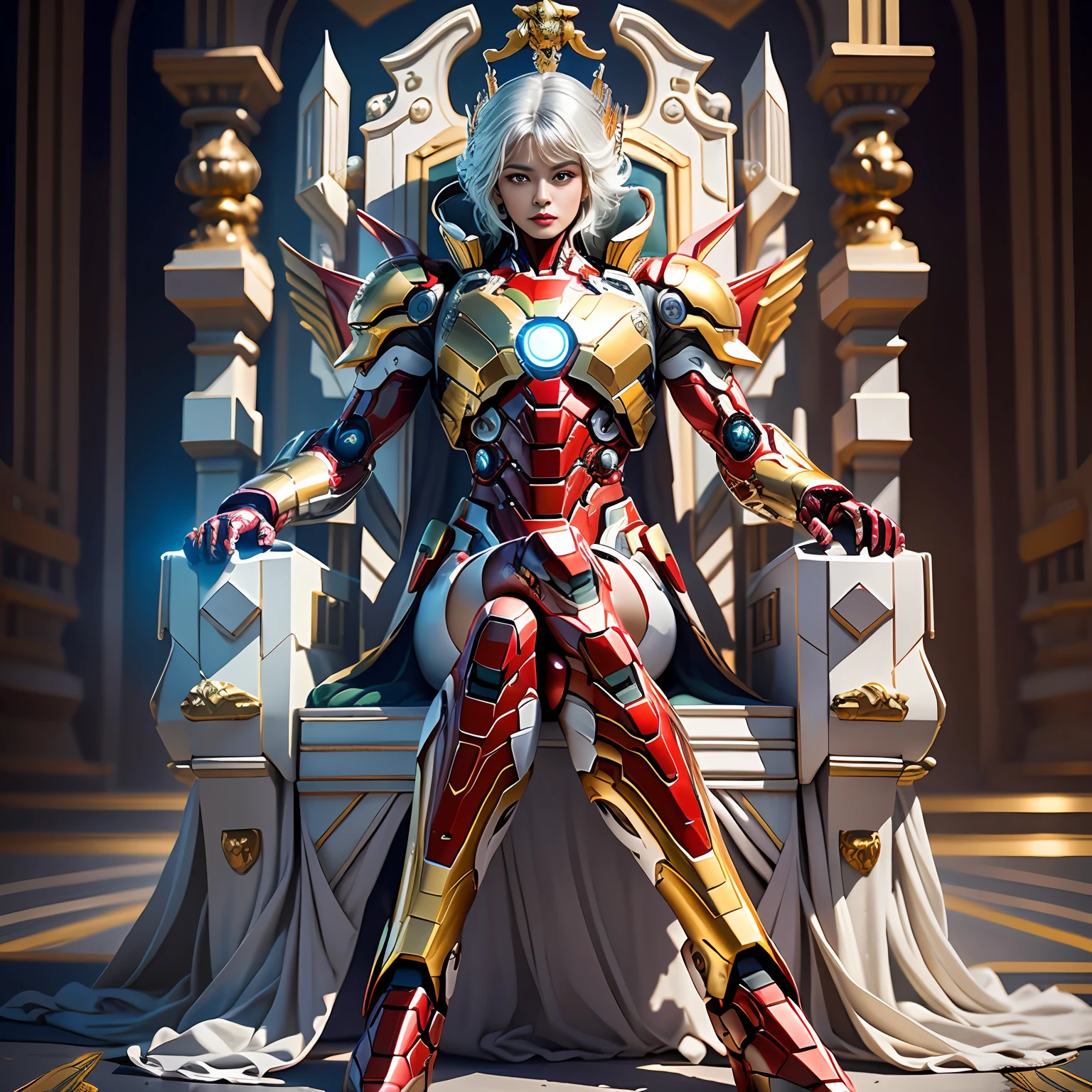 Cyberpunk style mecha Marvel Movie Iron Man 聖闘士星矢 Kamen Rider Queen sitting on throne, 古代の技術, 古代の伝説, 白髪 (白いストッキング: 1.5) (王位: 1.4), 剣, (メカゴッドオブウォー), エジプト風, (聖闘士星矢: 1.7), 道教のシンボル, (龍の模様: 1.6), (金の糸: 1.5) 超リアル, ボカ効果, ダヴィッド・ラ・シャペル風に撮影, 生物発光パレット: ライラック, 淡い金色, 明るい白色, 超微細, 映画のような静物画, 活気, 非現実的なエンジンスタイル, sakimichan, 胸の下, パーフェクトアイズ, 最高画質16K, ハリー・ウィンストンにインスピレーションを受けた, Canon EOS R 6で撮影, 傑作, ●カオス50, 白髪, クラウン, 目の下のほくろ, ギッチハム, 広角の, キヤノン, 上から, 投影図, レイトレーシング, シュルレアリスム, キメのある肌