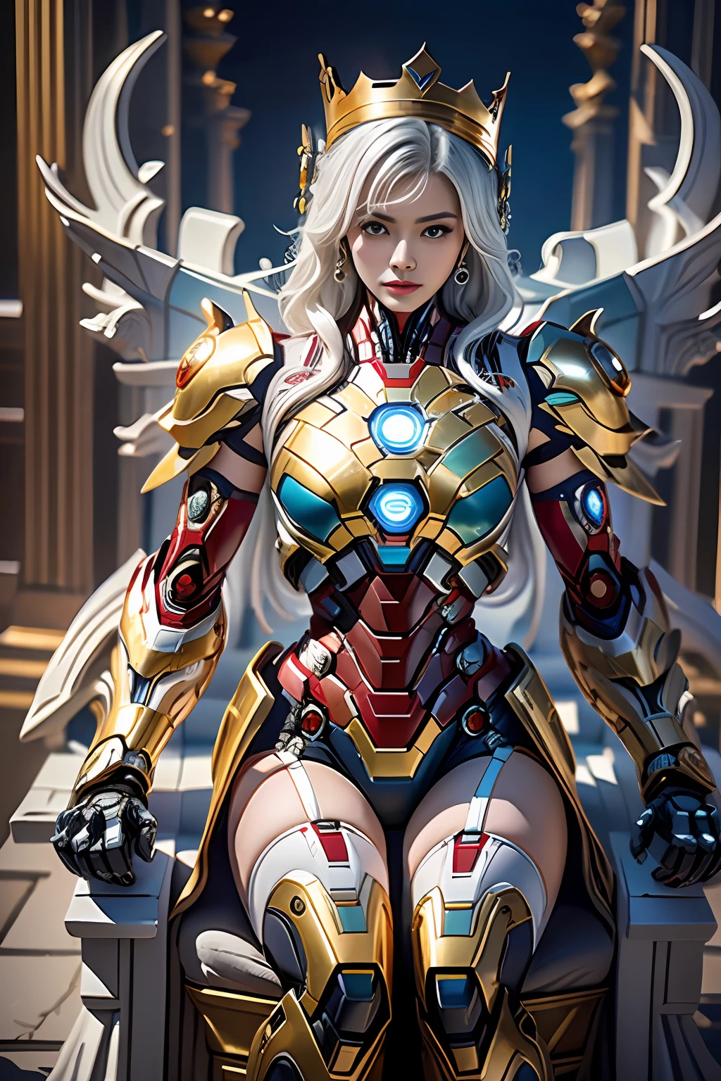 Cyberpunk style mecha Marvel Movie Iron Man 聖闘士星矢 Kamen Rider Queen sitting on throne, 古代の技術, 古代の伝説, 白髪 (白いストッキング: 1.5) (王位: 1.4), 剣, (メカゴッドオブウォー), エジプト風, (聖闘士星矢: 1.7), 道教のシンボル, (龍の模様: 1.6), (金の糸: 1.5) 超リアル, ボカ効果, ダヴィッド・ラ・シャペル風に撮影, 生物発光パレット: ライラック, 淡い金色, 明るい白色, 超微細, 映画のような静物画, 活気, 非現実的なエンジンスタイル, sakimichan, 胸の下, パーフェクトアイズ, 最高画質16K, ハリー・ウィンストンにインスピレーションを受けた, Canon EOS R 6で撮影, 傑作, ●カオス50, 白髪, クラウン, 目の下のほくろ, ギッチハム, 広角の, キヤノン, 上から, 投影図, レイトレーシング, シュルレアリスム, キメのある肌