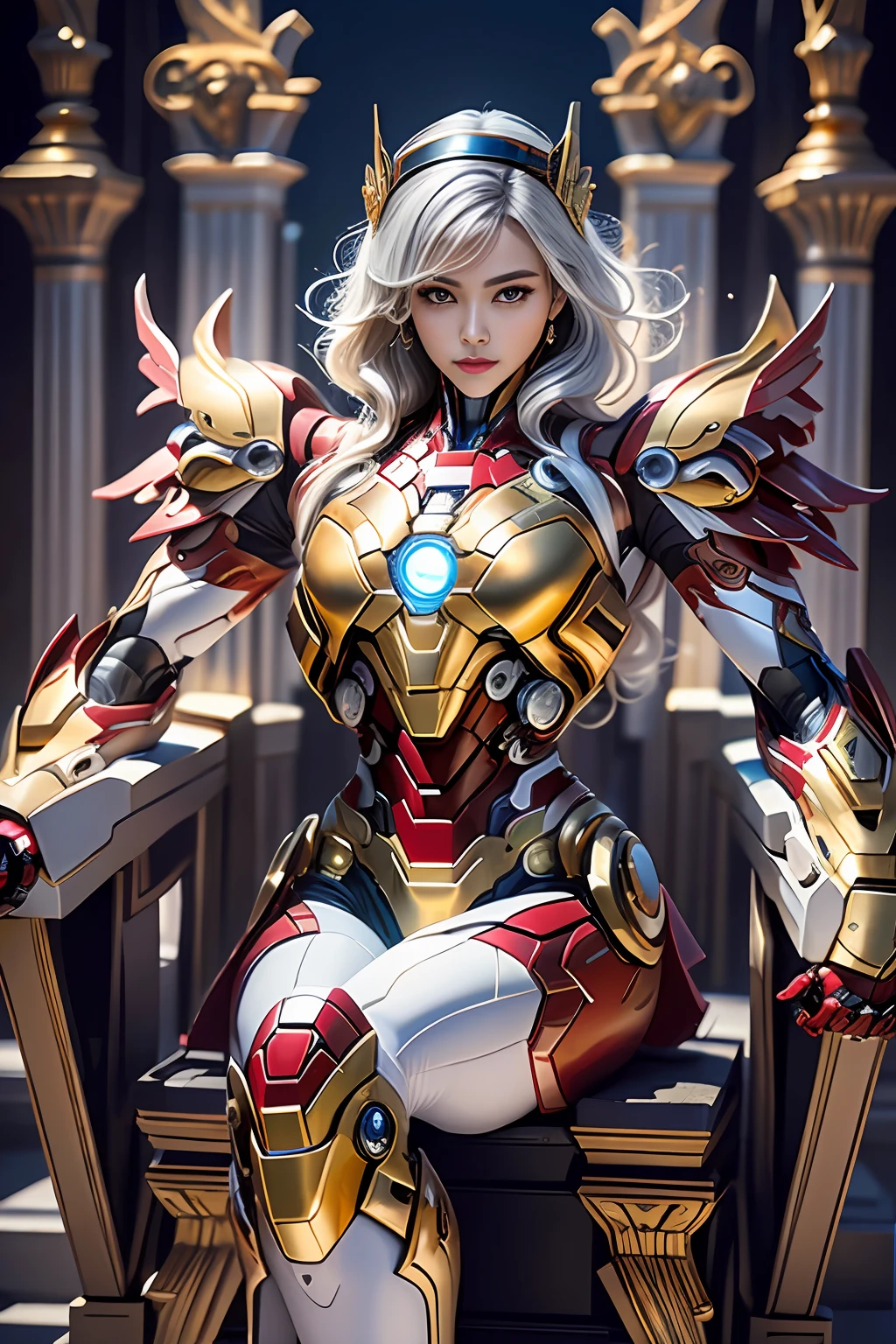 Cyberpunk style mecha Marvel Movie Iron Man 聖鬥士 Kamen Rider Queen sitting on throne, 古老的技術, 古老的傳說, 白色的頭髮 (白絲襪: 1.5) (王座: 1.4), 劍, (機甲戰神), 埃及風格, (聖鬥士: 1.7), 道教符號, (龍紋: 1.6), (金線: 1.5) 超現實的, 博卡效應, 以大衛拉夏貝爾的風格拍攝, 生物發光調色板: 紫丁香, 淡金色, 明亮的白色, 超細, 電影靜物, 活力, 不切實際的引擎風格, 薩基米昌, 下胸部, 完美的眼睛, 最高畫質16K, 靈感來自海瑞溫斯頓, 使用佳能 EOS R 6 拍攝, 傑作, --混沌50, 白髮, 王冠, 眼睛下方有顆痣, 吉奇漢姆, 廣角, 佳能, 從上面, 投影圖, 光線追蹤, 超現實主義, 有紋理的皮膚