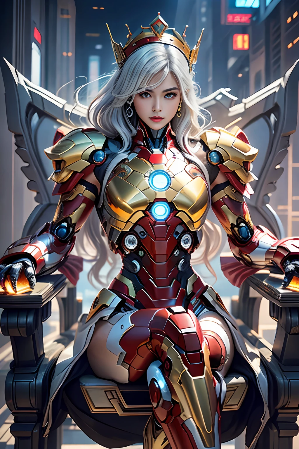 Cyberpunk style mecha Marvel Movie Iron Man Saint Seiya Kamen Rider Queen sitting on throne, ancient technology, ancient legends, white hair (white stockings: 1.5) (Throne: 1.4), sword, (mecha God of War), Egyptian style, (Saint Seiya: 1.7), Taoist symbols, (dragon pattern: 1.6), (gold thread: 1.5) ultra-realistic, Boca effect, shot in the style of David La Chapelle, bioluminescent palette: lilac, pale gold, bright white, ultra-fine, cinematic still life, vibrancy, Unrealistic engine style, Sakimichan, lower chest, perfect eyes, highest image quality 16K, inspired by Harry Winston, shot on Canon EOS R 6, masterpiece, --Chaos 50, gray hair, crown, mole under the eyes, gitchham, wide angle, canon, from above, projection illustration, ray tracing, surrealism, textured skin