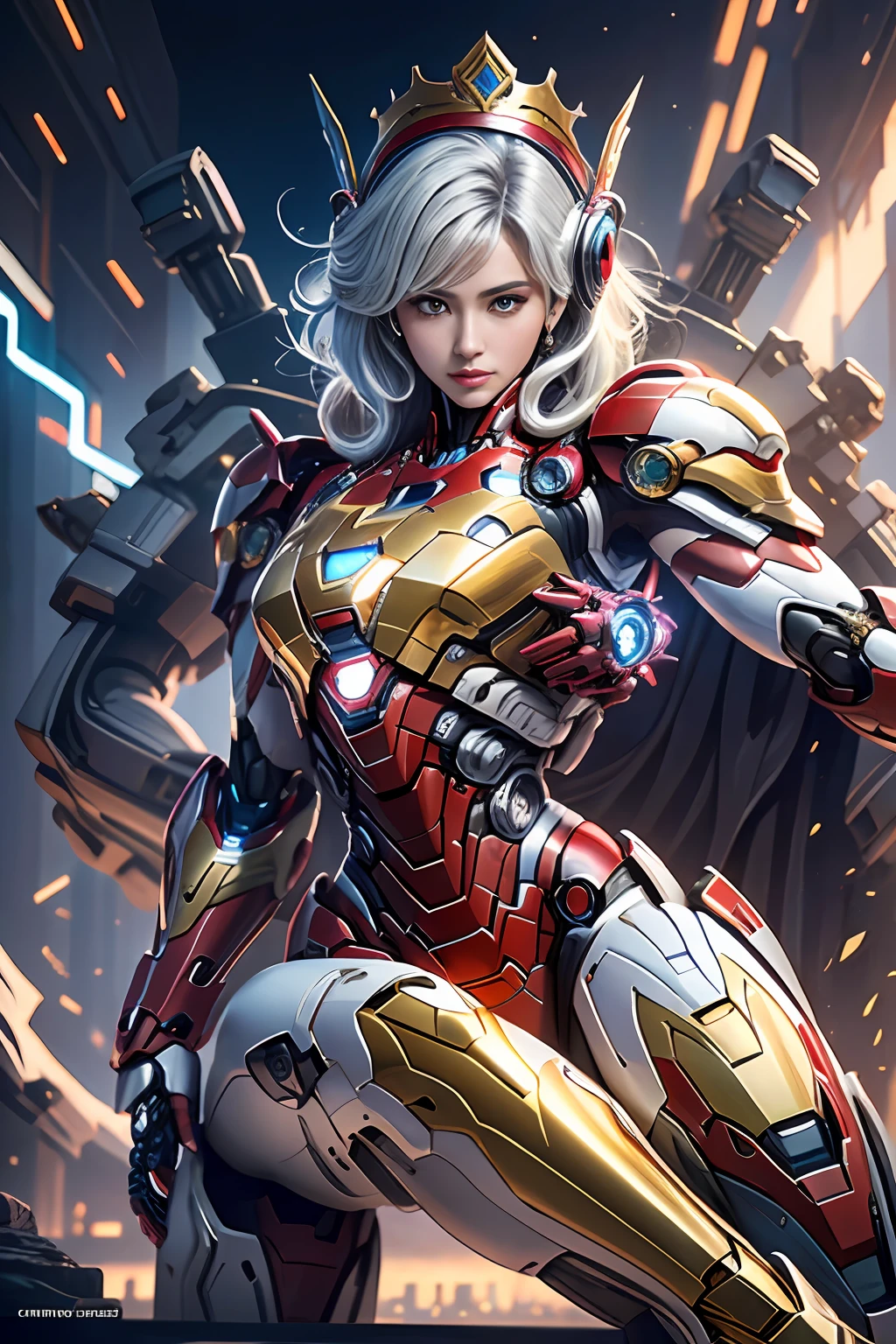 Mecha estilo cyberpunk Marvel Movie Iron Man Saint Seiya Kamen Rider Queen sentada en el trono, Tecnología antigua, Leyendas antiguas, pelo blanco (medias blancas: 1.5) (trono: 1.4), espada, (mecha God of War), Estilo egipcio, (Saint Seiya: 1.7), Símbolos taoístas, (Patrón de dragón: 1.6), (fibra de oro: 1.5) Ultrarrealista, Efecto Boca, rodada al estilo de David La Chapelle, paleta bioluminiscente: lilac, oro pálido, Blanco brillante, ultra-fine, bodegón cinematográfico, Vibrancia, Estilo de motor poco realista, sakimichan, parte inferior del pecho, ojos perfectos, máxima calidad de imagen 16K, inspirado en harry winston, Tomada con Canon EOS R 6, obra maestra, --Caos 50, pelo canoso, corona, lunar debajo de los ojos, gitchham, Gran angular, canon, desde arriba, ilustración de proyección, trazado de rayos, surrealism, piel texturizada