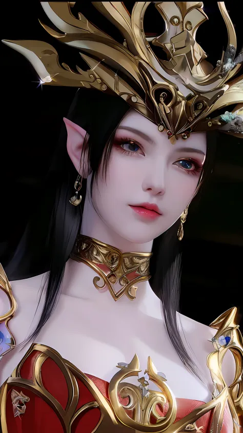 a close up of a woman in a red dress with a gold crown, a beautiful fantasy empress, ((a beautiful fantasy empress)), beautiful and elegant elf queen, portrait of an elf queen, elf queen, she has elf ears and gold eyes, side portrait of elven royalty, elven princess, elf princess, hyperdetailed fantasy character, beautiful elven princess