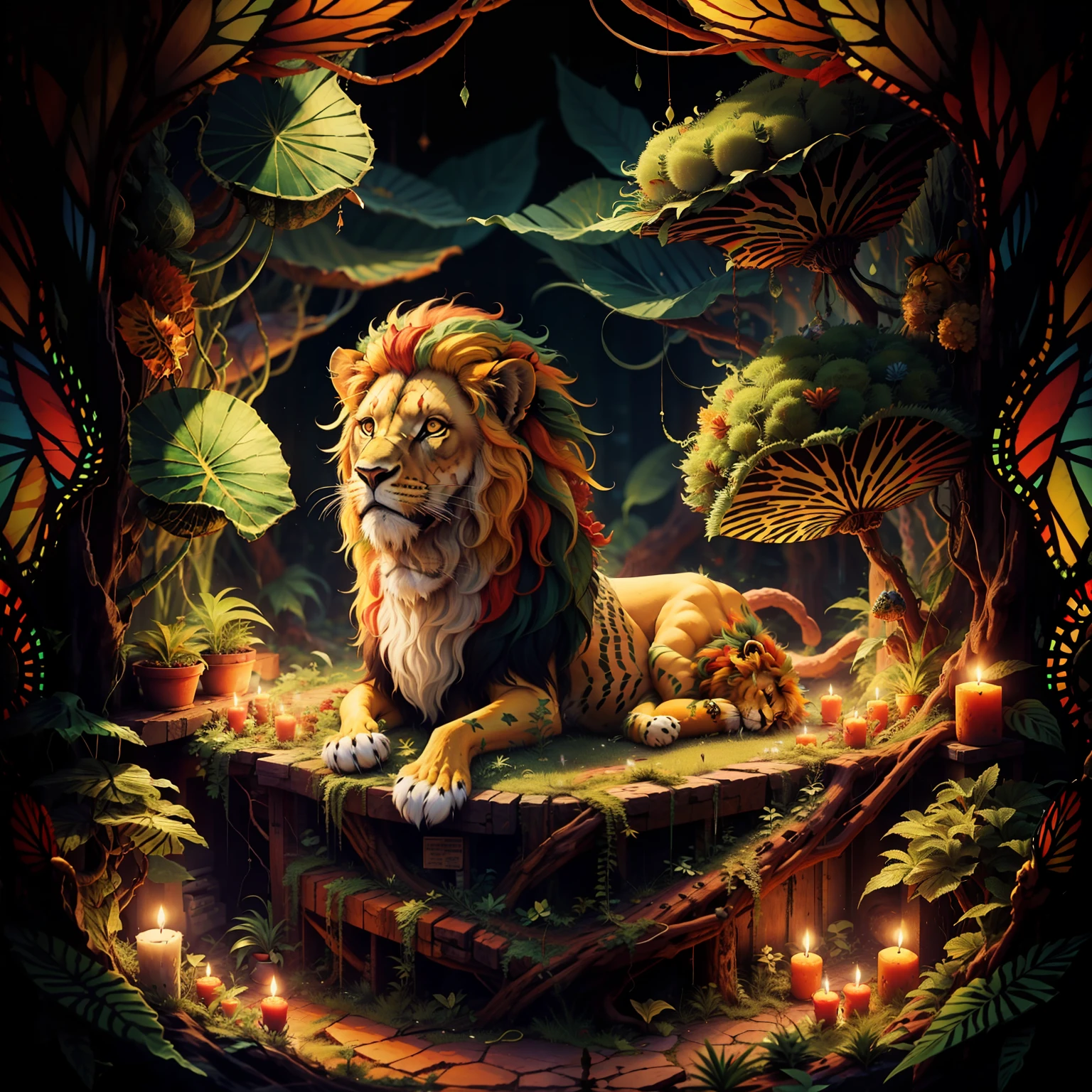 lion of reggae, butterflies, deailed background, marijuana leaves, marijuana plants, candles, lion is centralized, green red and yellow