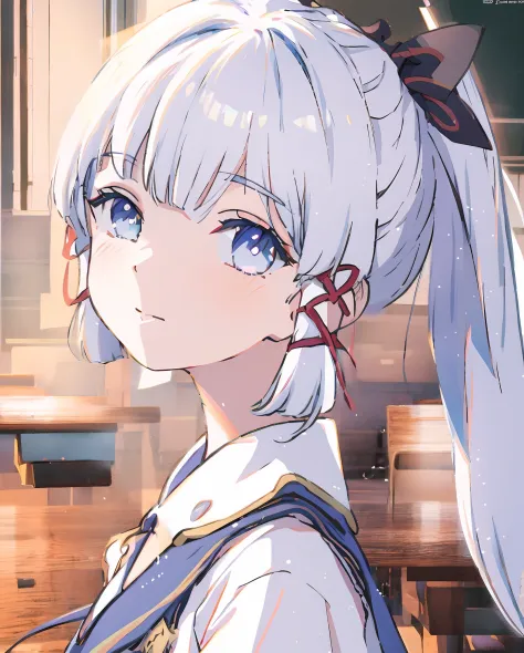 tmasterpiece，Highest image quality，There are anime girls with white hair and blue eyes in the classroom, style of anime4 K, Anim...