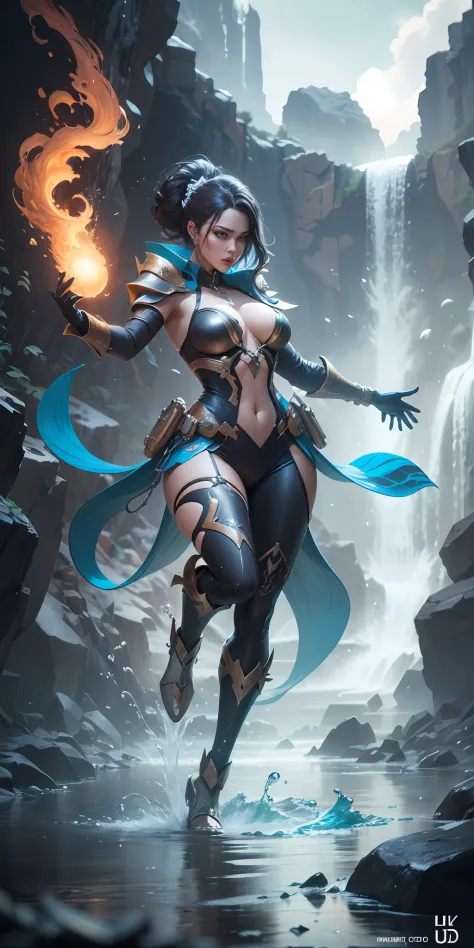 Splash art of water user is shooting mythical energy in the air,waterfall background,vibrant colours,full body shot,standing on the water,dynamic pose,heroic art,cinematic lighting,delicated colours,good face,good hands,good leg,good eyes,highly resolution...