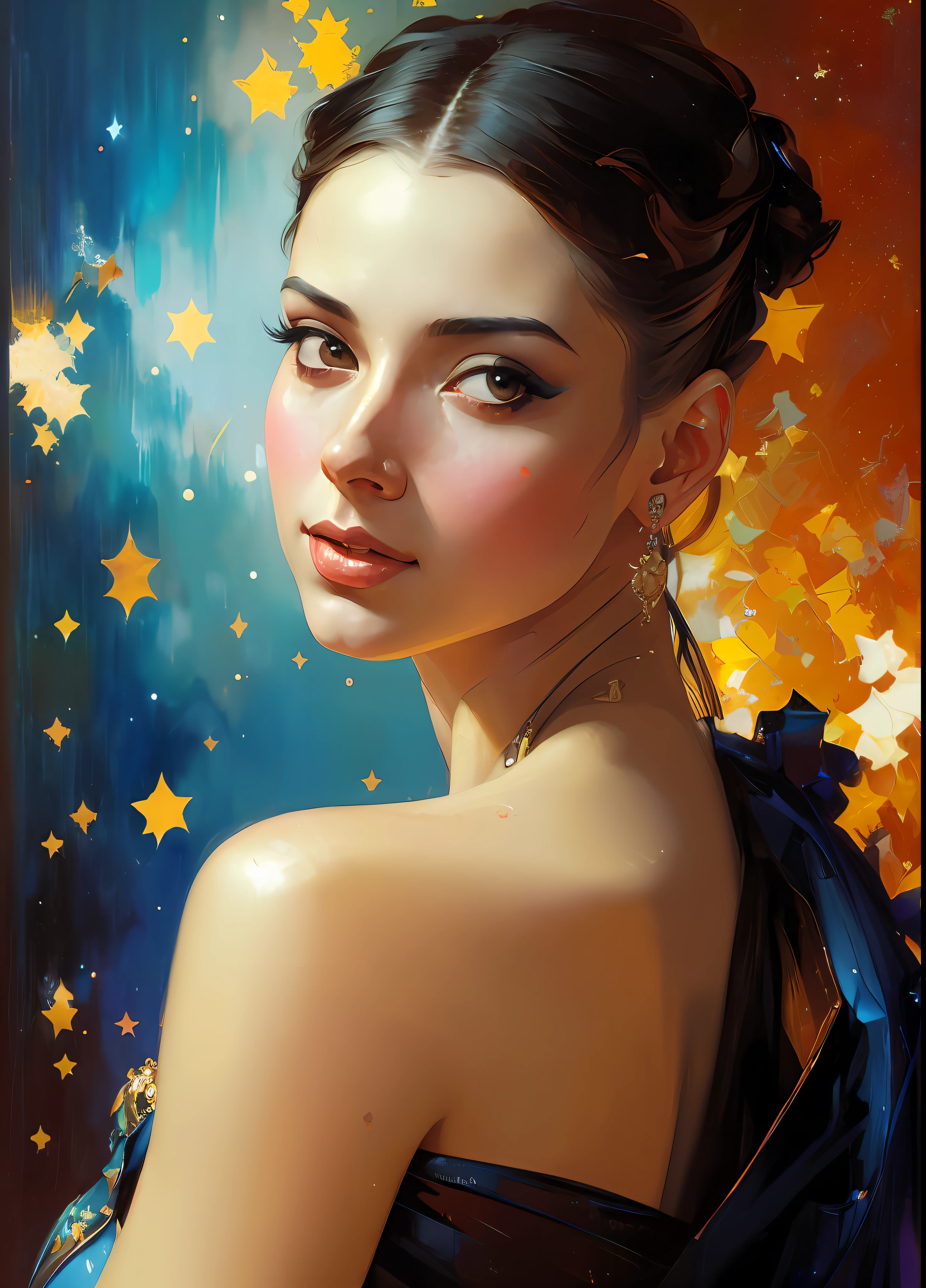 masterpiece, best quality, Beautiful girl seen far away in the midle of a a night sky full of stars, appearing from colorful liquid oil paint, swirling paint, cinematic lighting, by karol bak, full body posing, angelababy, ((painting, canvas, fine art)), detailed, (fantasy art), cool, ((digital art)), (digital illustration), 4k, trending on artstation, trending on cgsociety, cinematic, agfacolor, low coloration, Norman Rockwell, Franz Xaver Winterhalter, Jeremy Mann, Artgerm, Ilya Kuvshinov, Anges Cecile, Michael Garmash