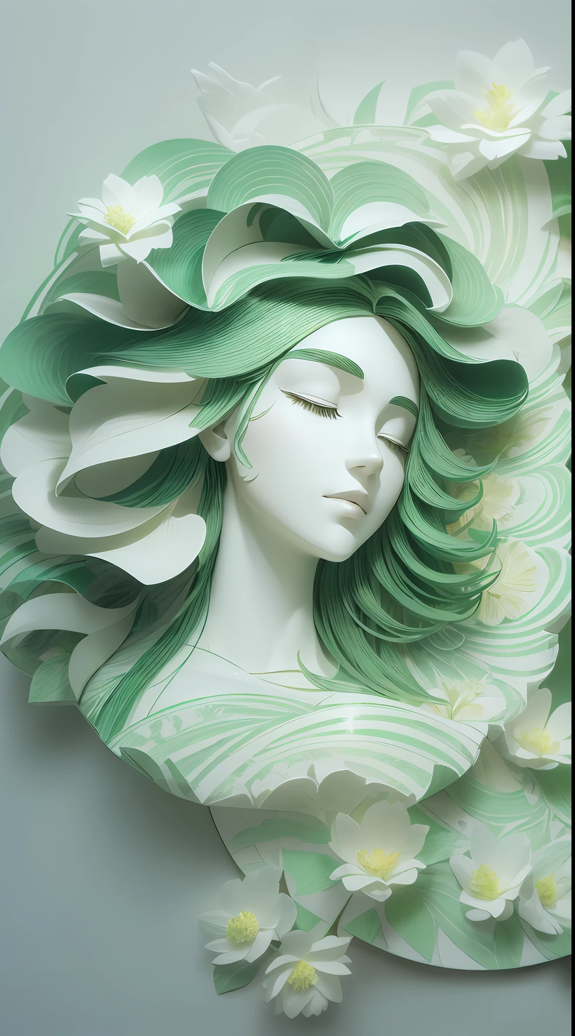 (Illustration: 1.3), paper art, 3D rendering, green background, (beautiful side face, closed eyes: 1.3), (white flower: 1.2), colorful, best quality, detailed details, masterpiece, official art, movie lighting effect, 4K, chiaroscuro, flash
