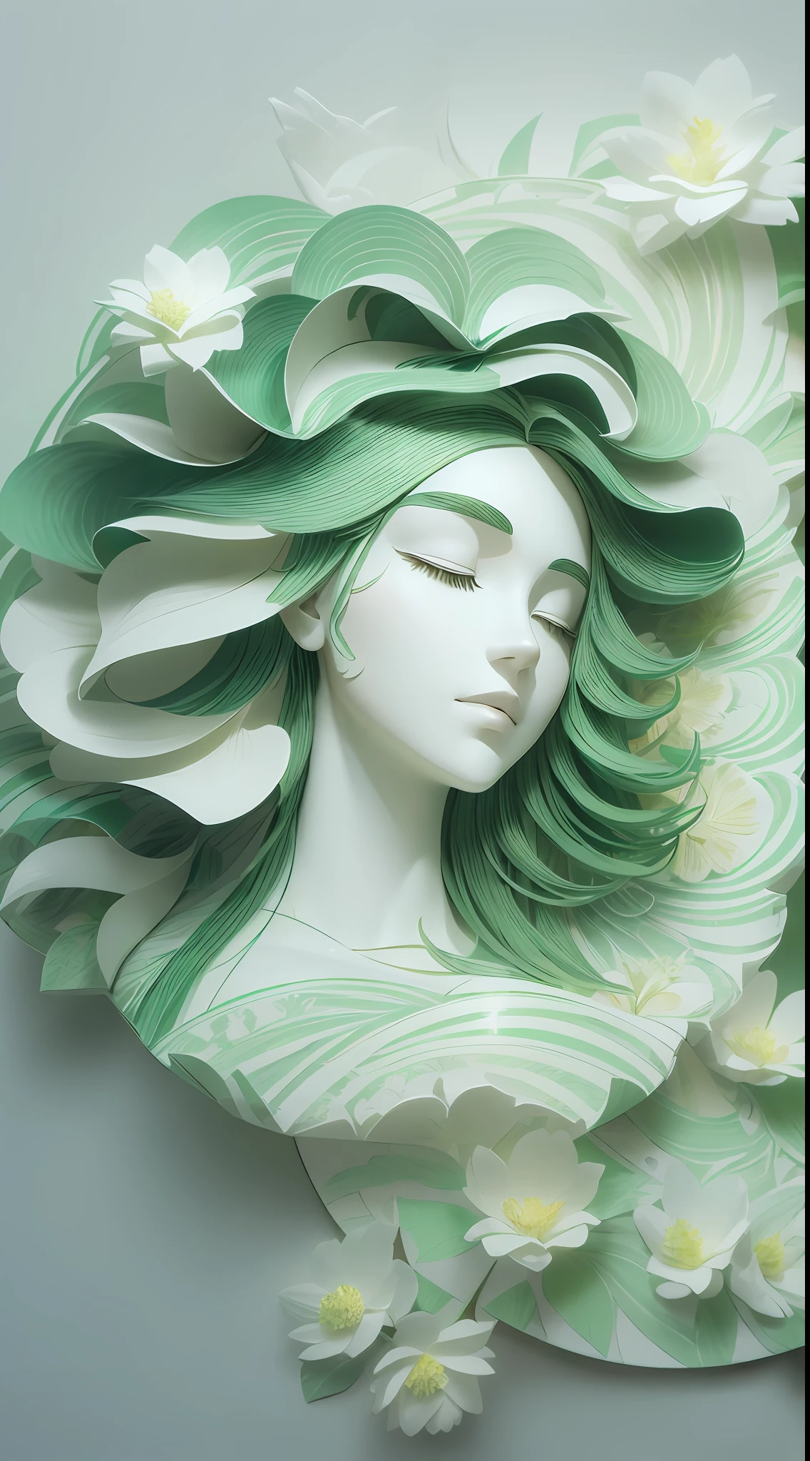 (ilustración: 1.3), arte de papel, renderizado 3D, fondo verde, (Hermosa cara lateral, Ojos cerrados: 1.3), (flor blanca: 1.2), Vistoso, mejor calidad, Detalles detallados, obra maestra, arte oficial, efecto de iluminación de película, 4k, chiaroscuro, destello