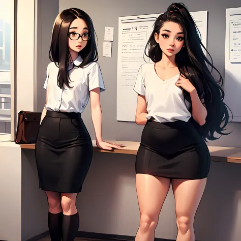 masterpiece, best_quality, 1girl, solo, shirt_tucked_in, long_skirt, black_hair, brown_eyes, school, curvy, long_eyelashes, low_...