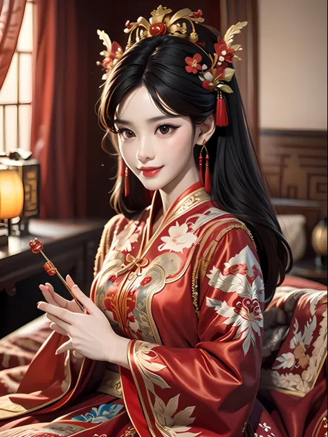 Best quality: 1.1), (Realistic: 1.1), (Photography: 1.1), (highly details: 1.1), A man wears a red and gold dress，Woman with a crown on her head, A hair stick, (sitting on red bed), Blushing, Shy, black_Hair, crown, Looking down, (2 red candles), Chinese_c...
