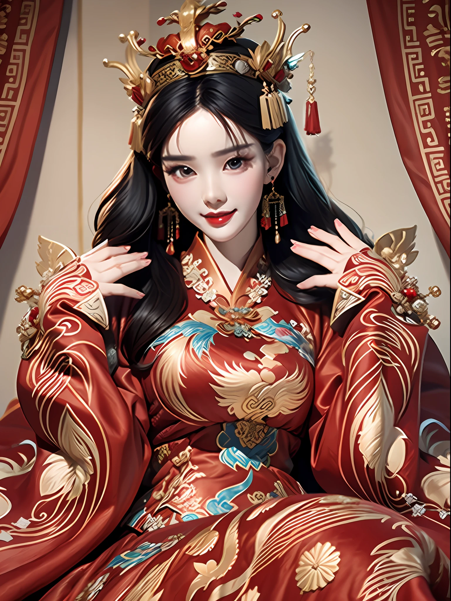 Best quality: 1.1), (Realistic: 1.1), (Photography: 1.1), (highly details: 1.1), A man wears a red and gold dress，Woman with a crown on her head, A hair stick, (sitting on red bed), Blushing, Shy, black_Hair, crown, Looking down, (2 red candles), Chinese_clothes, Curtains, Earrings, Hair_decorations, Hanfu, interiors, jewelry, Long_Sleeves, Red dress, Redlip, nipple tassels, (Red quilt), (red palace: 1.2), (3DMM),mix4,