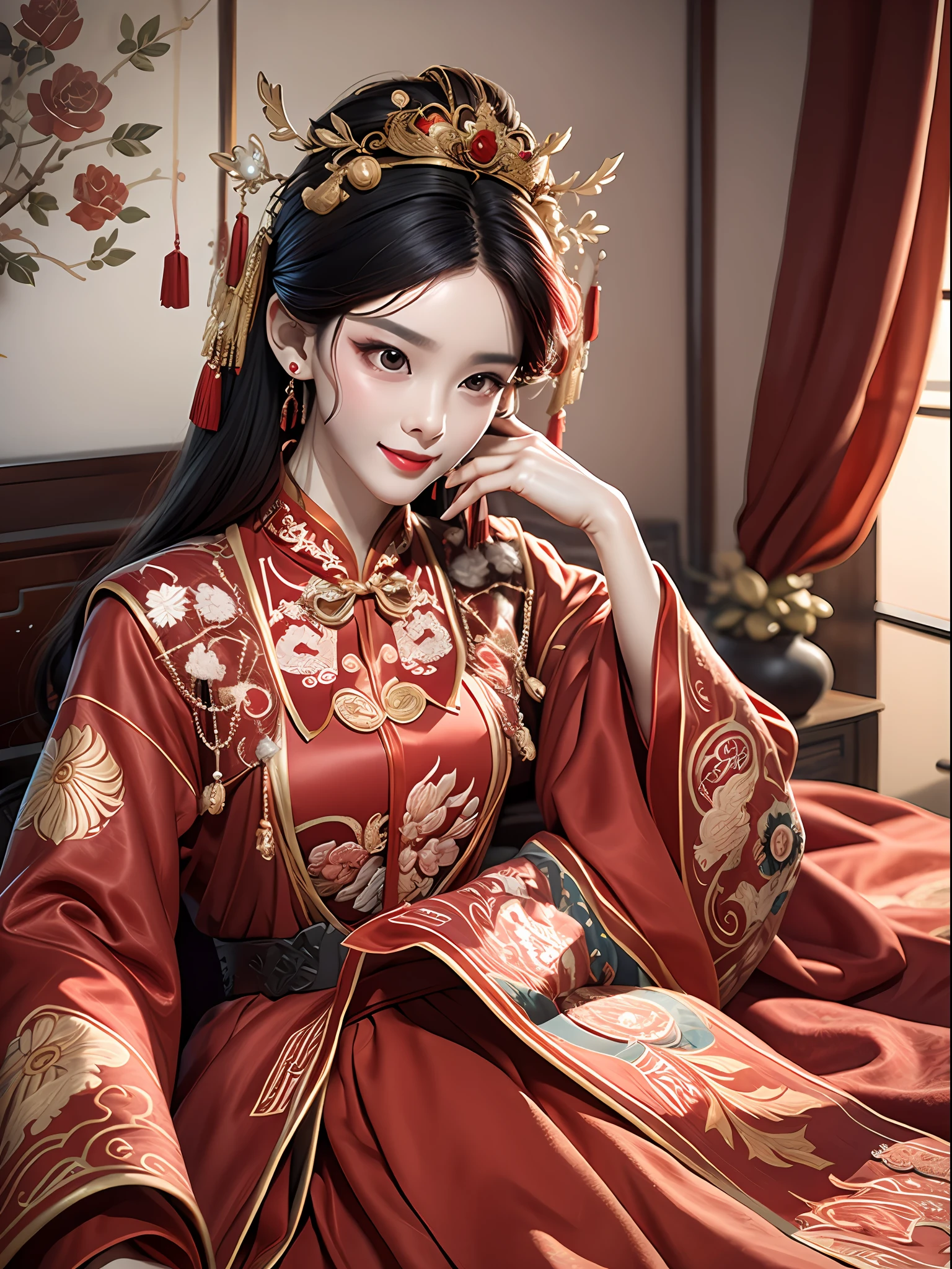 Best quality: 1.1), (Realistic: 1.1), (Photography: 1.1), (highly details: 1.1), A man wears a red and gold dress，Woman with a crown on her head, A hair stick, (sitting on red bed), Blushing, Shy, black_Hair, crown, Looking down, (2 red candles), Chinese_clothes, Curtains, Earrings, Hair_decorations, Hanfu, interiors, jewelry, Long_Sleeves, Red dress, Redlip, nipple tassels, (Red quilt), (red palace: 1.2), (3DMM),mix4,