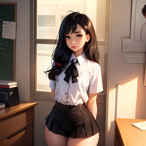 masterpiece, best_quality, 1girl, solo, shirt_tucked_in, skirt, black_hair, brown_eyes, school, curvy, long_eyelashes, low_tied_...