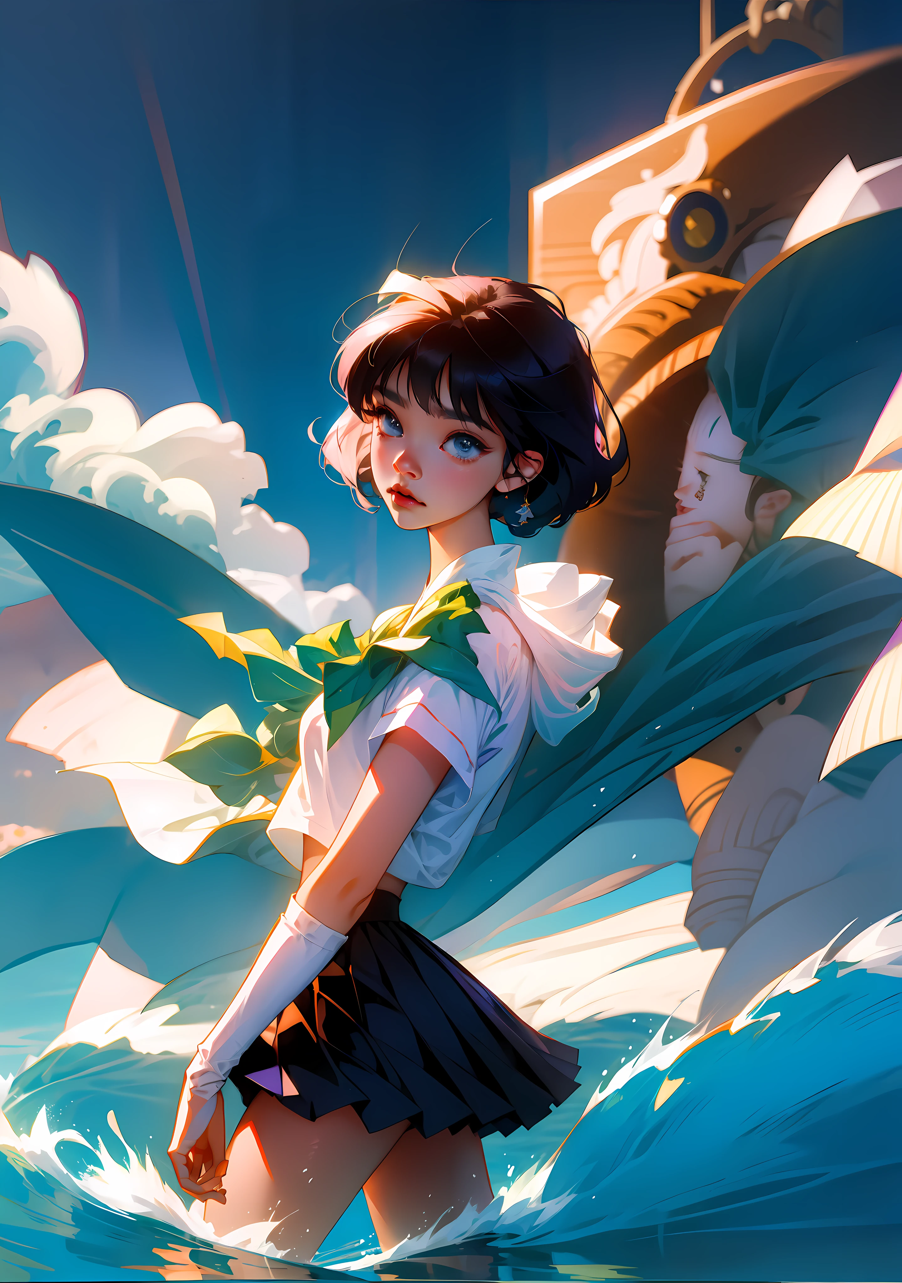 A photo of a woman in a blue uniform is standing in the water, water, por Rumiko Takahashi, por Naoko Takeuchi, Umi Ryuzaki, Magic Knight Rayearth, ocean waves, bubbles, sea, light blue, , Estilo de abrazadera, Ilustraciones oficiales del anime, Studio Gainax Illustration, clamp