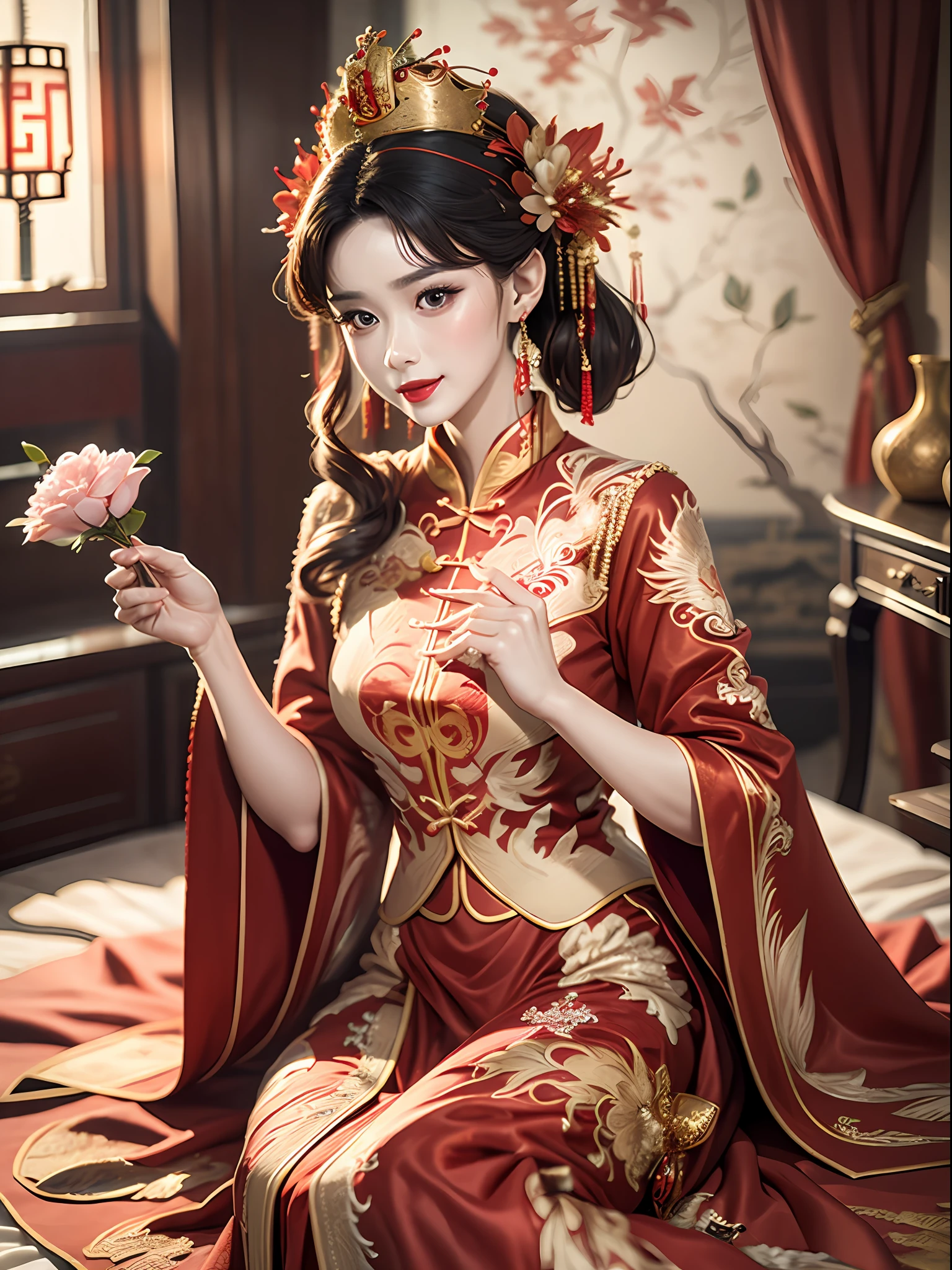 Best quality: 1.1), (Realistic: 1.1), (Photography: 1.1), (highly details: 1.1), A man wears a red and gold dress，Woman with a crown on her head, A hair stick, (sitting on red bed), Blushing, Shy, black_Hair, crown, Looking down, (2 red candles), Chinese_clothes, Curtains, Earrings, Hair_decorations, Hanfu, interiors, jewelry, Long_Sleeves, Red dress, Redlip, nipple tassels, (Red quilt), (red palace: 1.2), (3DMM),mix4,