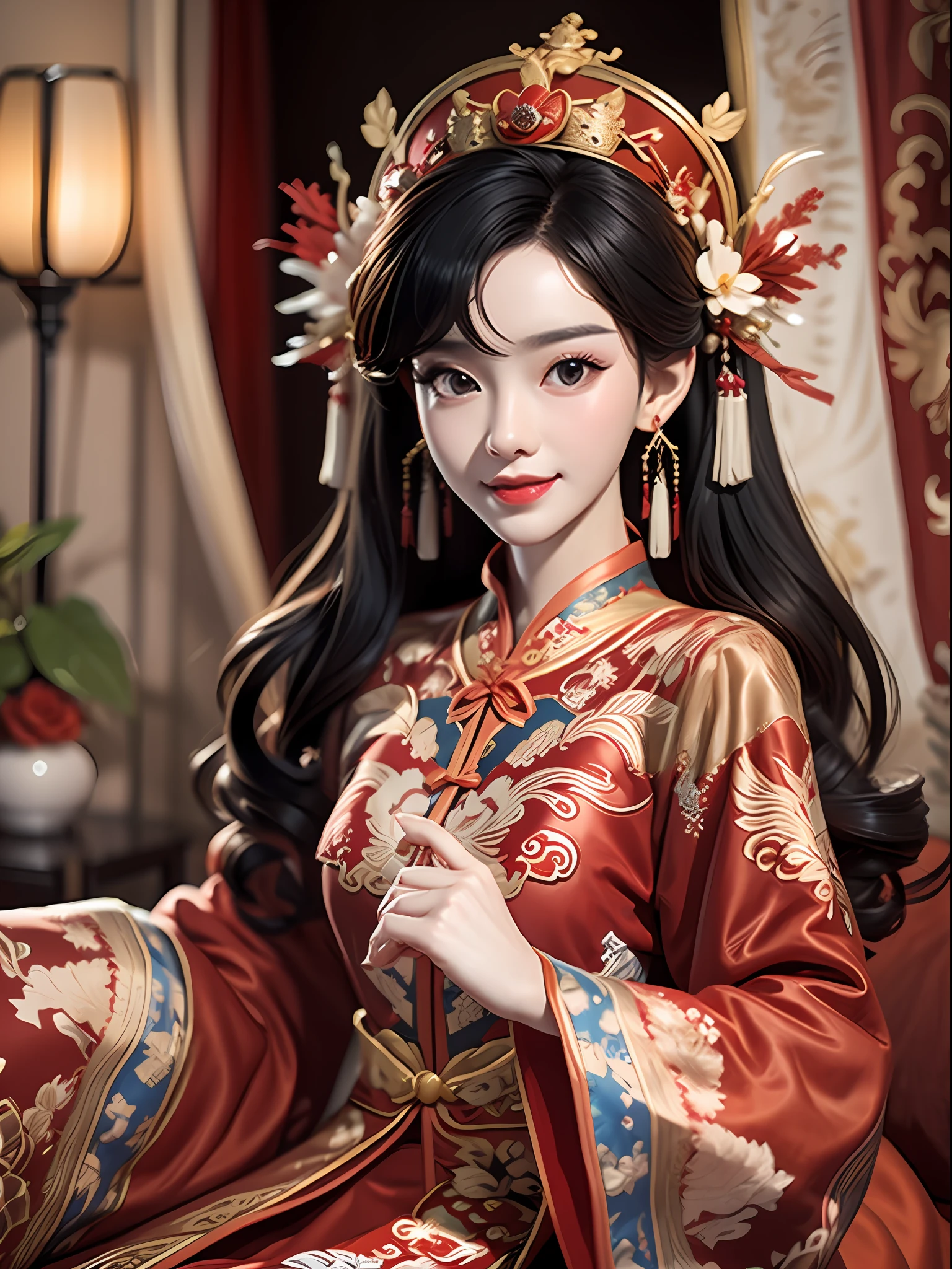 Best quality: 1.1), (Realistic: 1.1), (Photography: 1.1), (highly details: 1.1), A man wears a red and gold dress，Woman with a crown on her head, A hair stick, (sitting on red bed), Blushing, Shy, black_Hair, crown, Looking down, (2 red candles), Chinese_clothes, Curtains, Earrings, Hair_decorations, Hanfu, interiors, jewelry, Long_Sleeves, Red dress, Redlip, nipple tassels, (Red quilt), (red palace: 1.2), (3DMM),mix4,