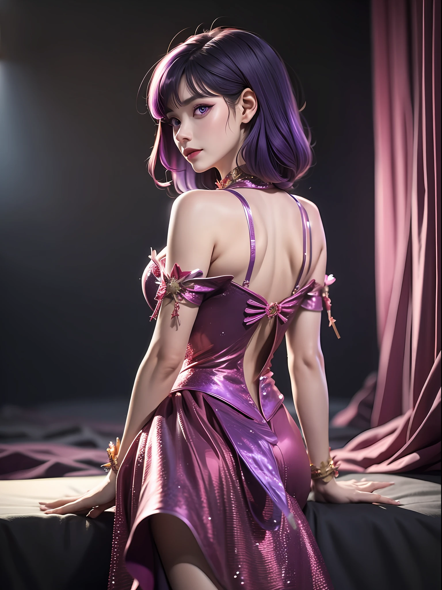 Hands Behind Her Back, Masterpiece, Best Quality, 1girl, Official, Purple Eyes, Purple Hair, Busty, Cowboy Shot, Looking at the Audience, Dark, (Darkness), Cinematic Light, Edge Light, Delicate Eyes, (pureerosface_v1:0.5), Looking at the Audience, (Realisticity: 1.2), Tease, Broken Star Track, Cross-legged, Arrogant, Bangs Evil Face, Apocalyptic Background