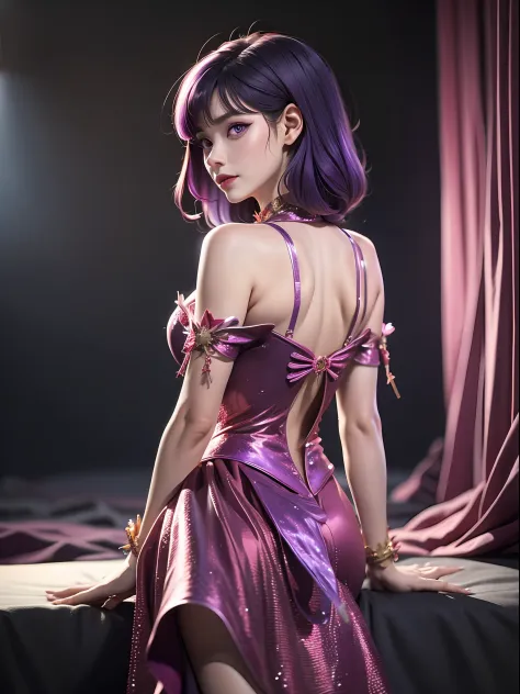 Hands Behind Her Back, Masterpiece, Best Quality, 1girl, Official, Purple Eyes, Purple Hair, Busty, Cowboy Shot, Looking at the Audience, Dark, (Darkness), Cinematic Light, Edge Light, Delicate Eyes, (pureerosface_v1:0.5), Looking at the Audience, (Realist...