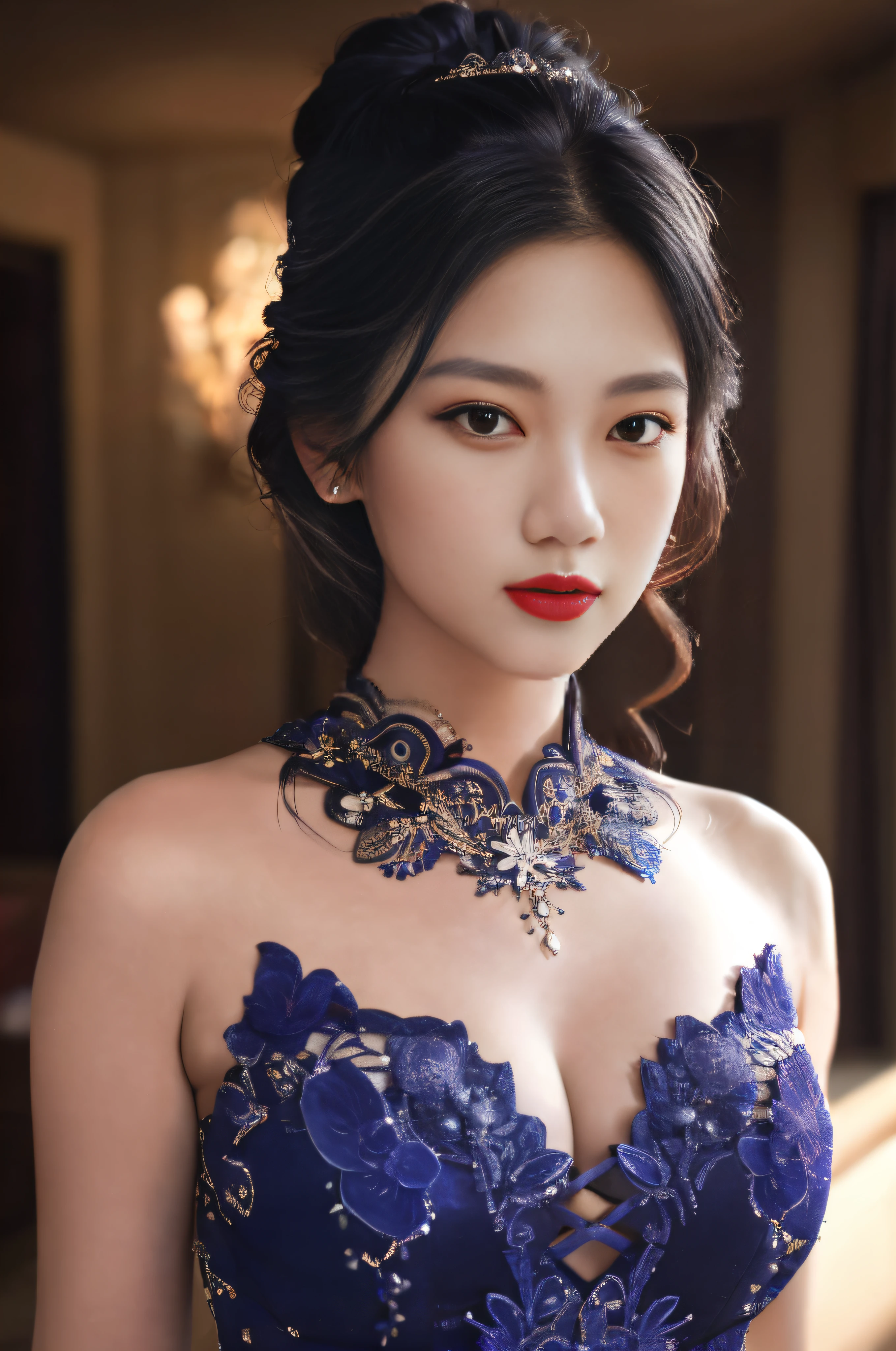 Arakfi woman in blue dress，Wearing a necklace and choke, gorgeous chinese models, Beautiful asian woman, Gorgeous young Korean woman, Beautiful Asian girl, Beautiful oriental woman, asian beautiful face, Beautiful young Korean woman, Beautiful young Asian woman, Very beautiful young woman, beautiful Korean women, gorgeous beautiful woman, A beautiful young woman, sensual face，Full of makeup