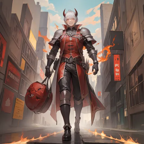 Male Red devil smile, grasp heart in hand, burning city medieval background, full body shot