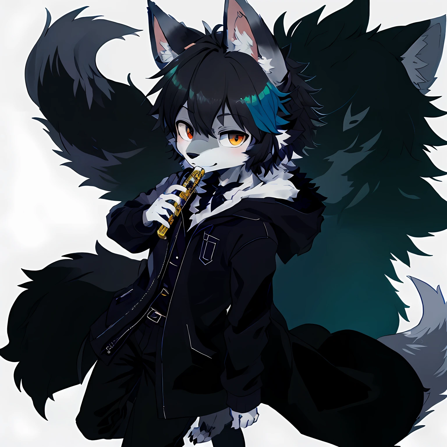 One wears a gray coat and black(fluffy anthro furry:1.3), Furry gray wolf, (Michiru:1.1),, 1boy, Solo, whaite hair,  Wolf ears, Flute