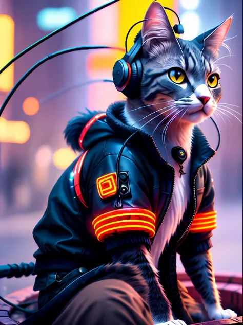 A cat with headphones and a jacket is sitting on a large lily leaf in a fountain. Cyberpunk and post-Soviet modernism  style the...