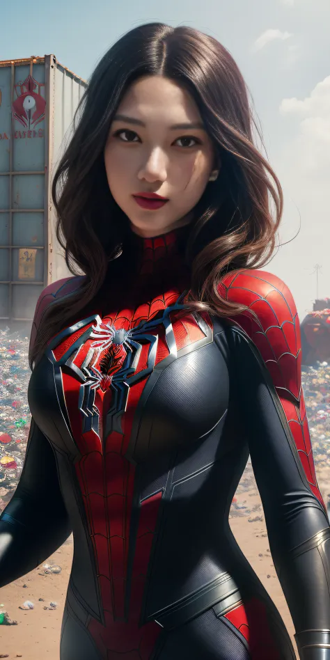 Spider - Men and women in black and red suits standing in a garbage dump, ( ( spiderwoman ) ), wojtek fus, spidewoman, medium close - up ( mcu ), spiderwoman!!!!!, spiderwoman!!, highly detailed exquisite fanart, Amazing 8K character concept art, Stunning ...
