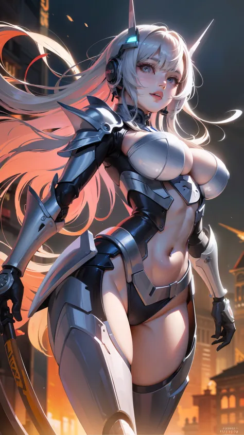 masterpiece, best quality, 1girl, solo, perfect face, looking at viewer, skin tight transparent vinyl, long blue hair, gray eyes, pale skin, shanyaogaoda, mecha,  pink armor with white part,  armor, helmet,  lineart, dimly lit, low key, sharp focus, octane...