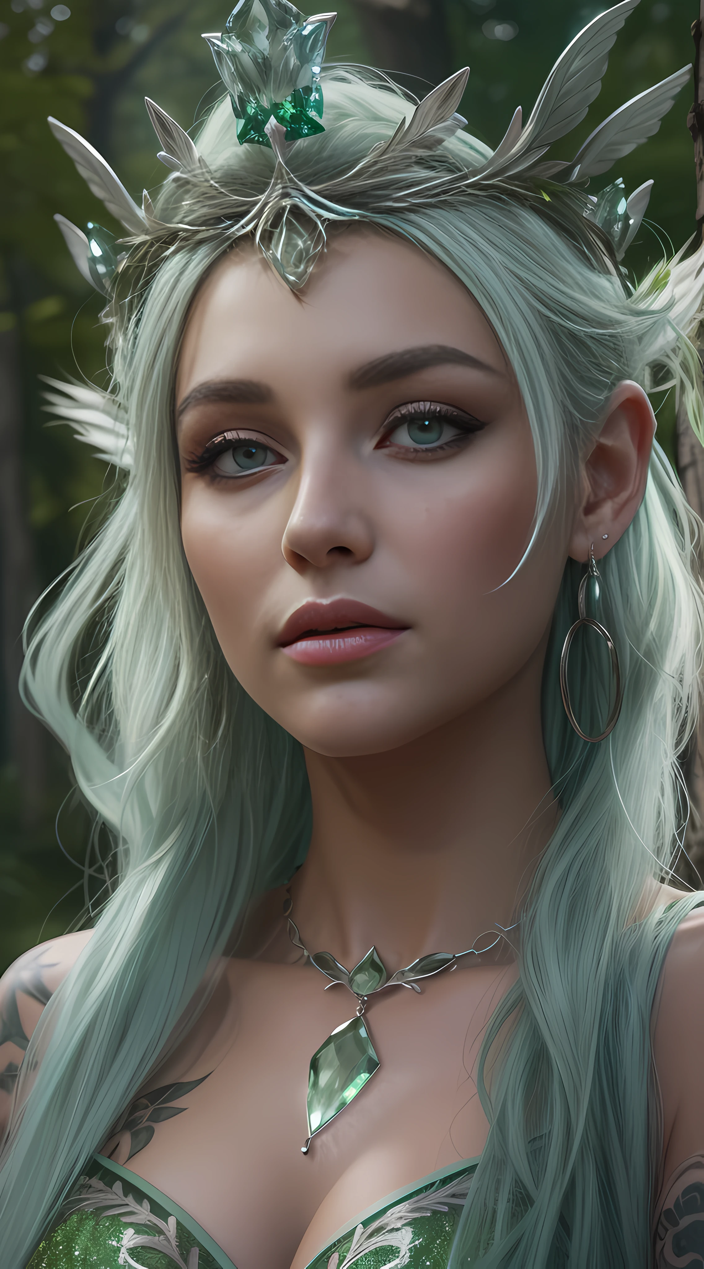 Queen of nature, rooty eyes, silver green hair, sparkling green eyes, beautifull goddess face, tattoo, earrings, crowned, choker, detailed magical dress, forest, flawless, fantasy, Luminism, magical light, cinematic, hyper realistic, render unreal engine, 4k, long shot, looking at the viewer, centered, sharp, ultra detail