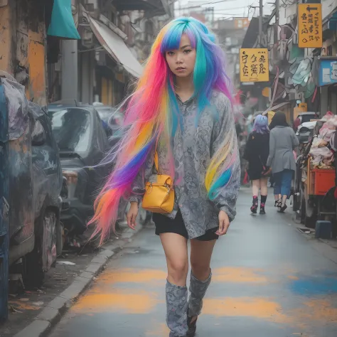 araffe with colorful hair walking down a street in a city, grungy woman with rainbow hair, colourful long hair, with sprouting rainbow hair, harajuku hair, long glowing colourful hair, colorful pigtail, colorful fashion, hyper colorful, super colorful, rai...