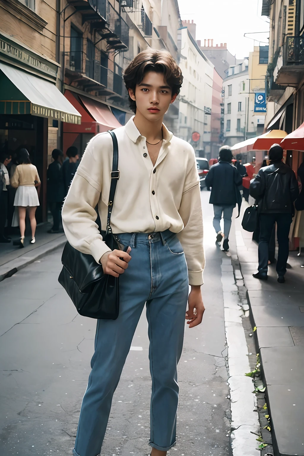 photo de rue, photographie de rue vintage, (chef-d&#39;œuvre), (1 adolescent mâle), ultra haute qualité, très détaillé, QG, mode, années 70