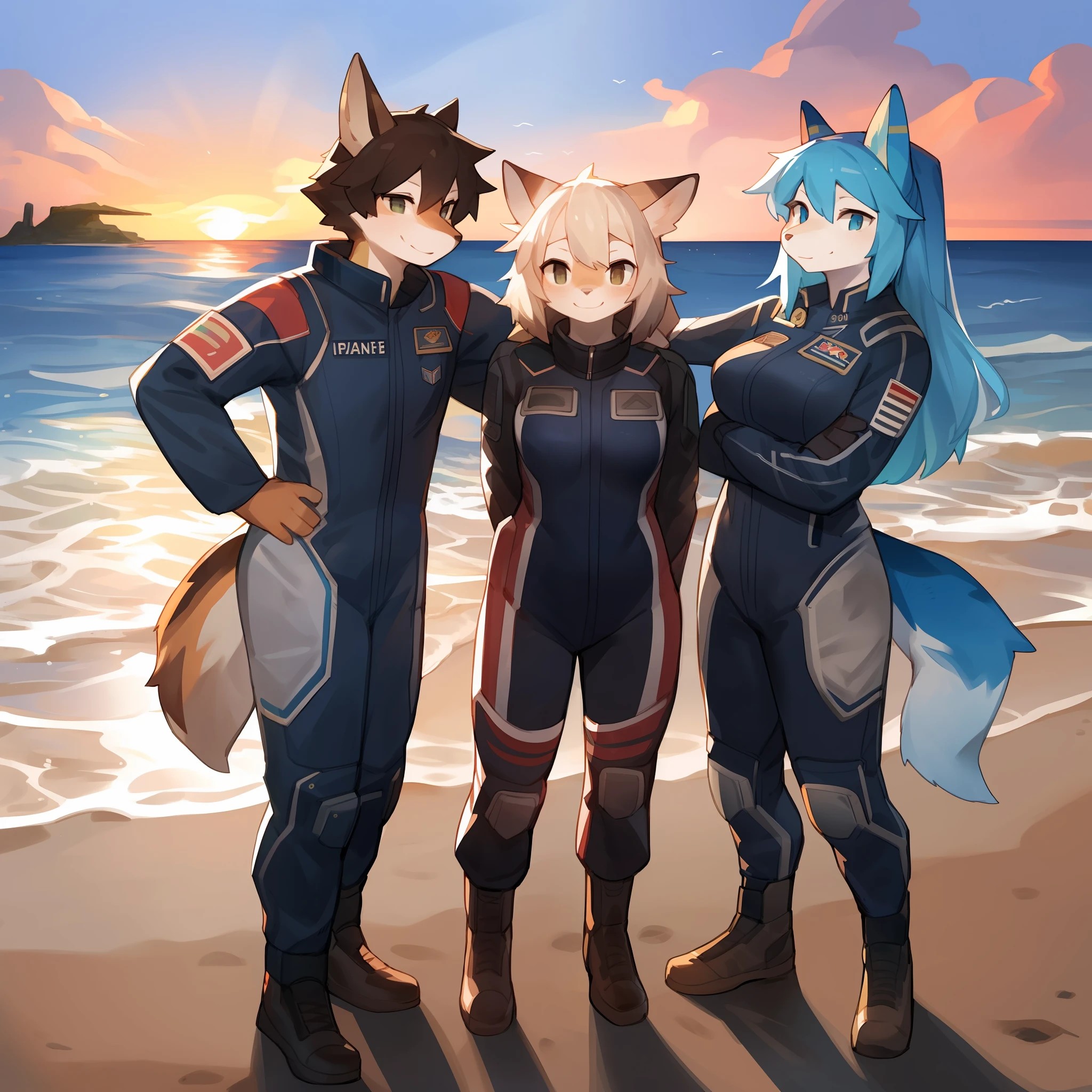 Group photo, female, military uniform, spacesuit, smiling, hair, a diverse cast of anthro characters standing on the beach, beach, sunset, waves, by bebebebebe