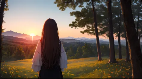 ((masterpiece,best quality,ultra detailed,ultra high res,detailed background)),sunrise,forest,impressive,chill,inspirational,1girl,facing away