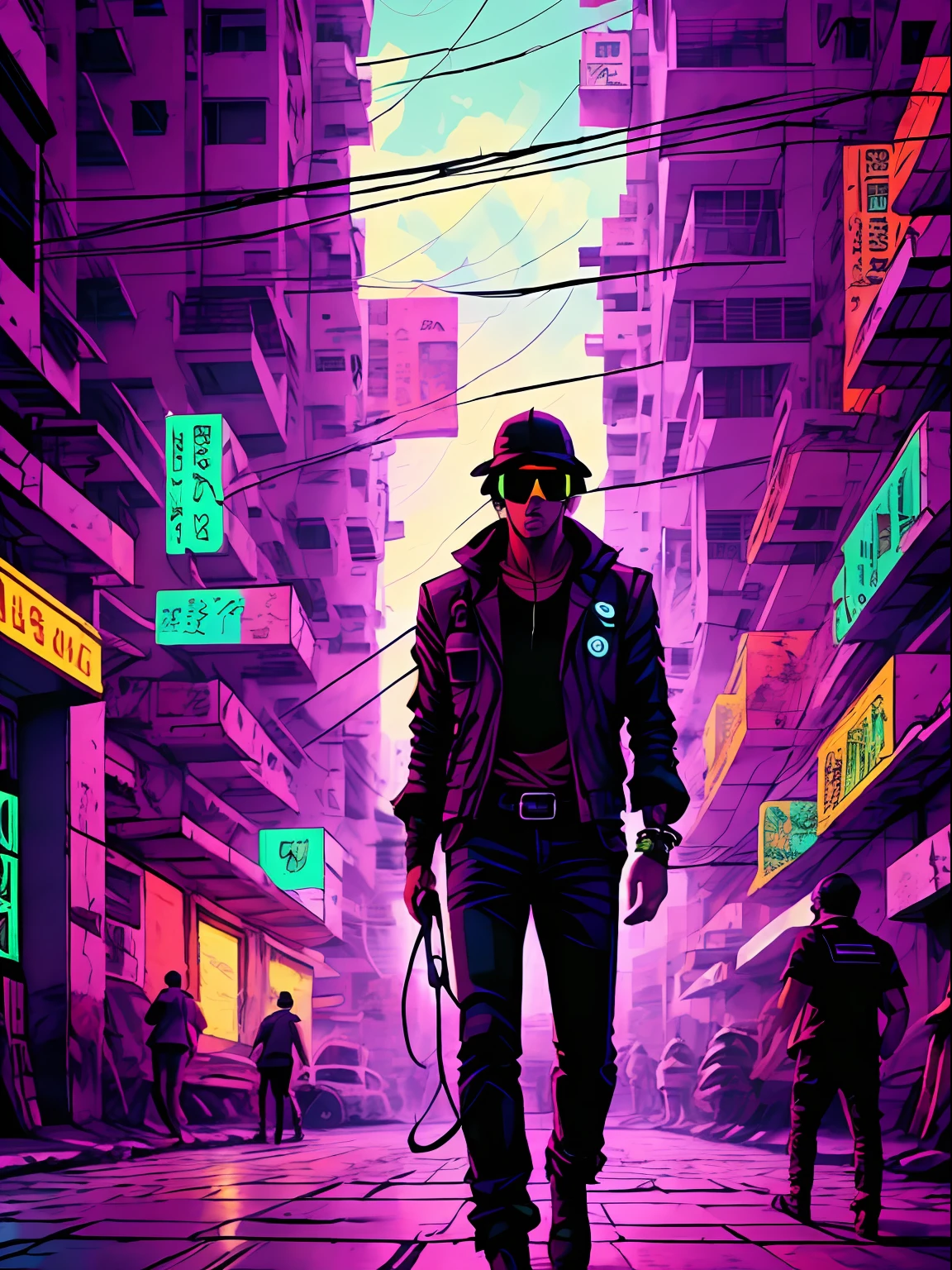 Hintergrundwand überall mit bunten Neonlichtern im Cyberpunk-Stil