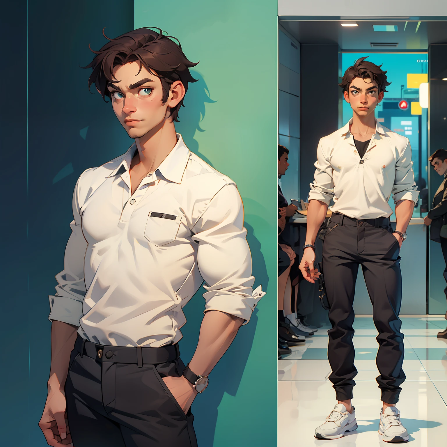 Mann 20 Jahre alt , in verschiedenen Posen , Hose und Bluse in verschiedenen Posen blicken den Betrachter an, einfacher Zeichenstil;, Comic-Stil, bodenlos, weißer Hintergrund