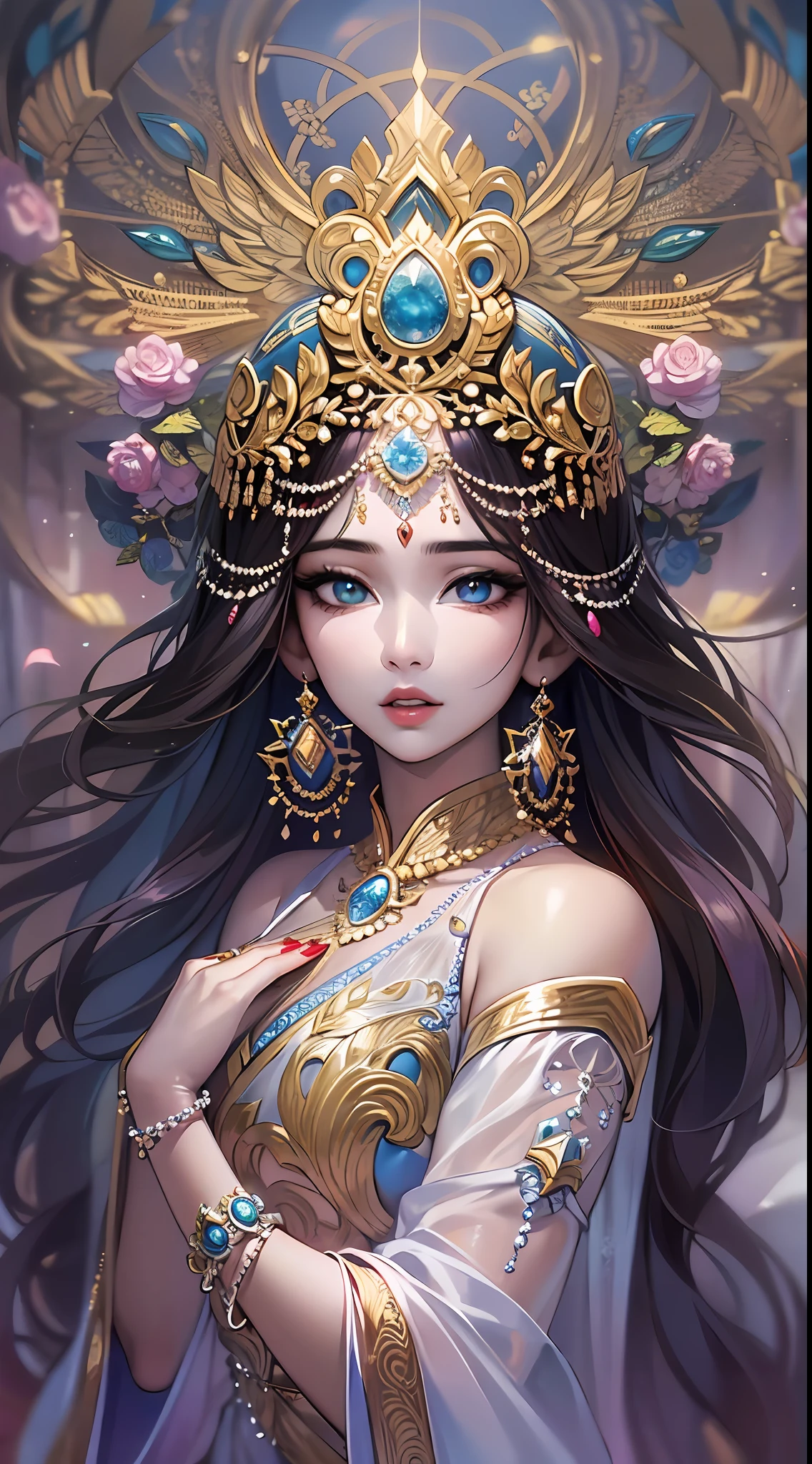 Asian princess godess, most beautiful girl in the world, ((with the most beautiful face, body, hair, eyes, lips)), and the most celestial outfit, stunning art and so unique that is mesmerizing and enchanting for everyone