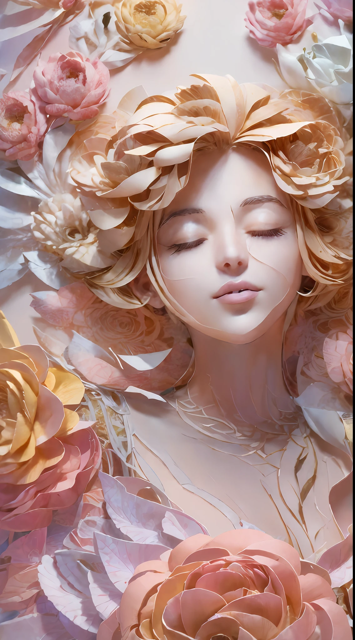 illustration: 1.3), paper art, 3D rendering of, Colorful background, (Beautiful side face, closing her eyes: 1.3), (Rose: 1.2) (chrysanthemums: 1.2), Colorful, Best quality, Detailed details, Masterpiece, offcial art, movie light effect, 4K, Chiaroscuro , Flash