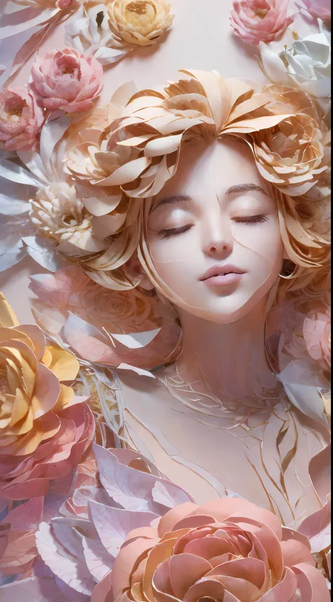 illustration: 1.3), paper art, 3D rendering of, Colorful background, (Beautiful side face, closing her eyes: 1.3), (Rose: 1.2) (...