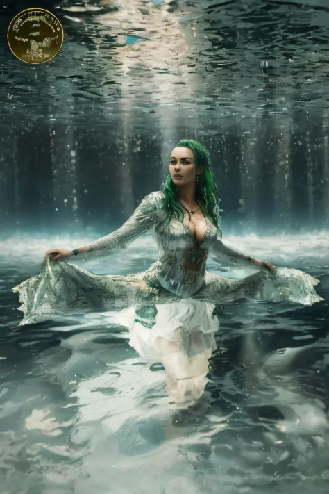 A green-haired woman is standing in the river, nymph in the water, photoshoot rainha dos oceanos, in the water up to your shoulders, fantasy photo essay, usando uma roupa justa esverdeada, On the water, filmed cinematic goddess, a dazzling young ethereal f...