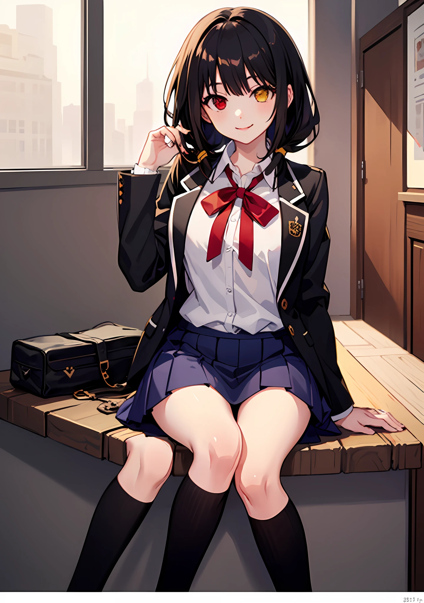 Masterpiece, high quality, 1girl, ((tokisaki kurumi)), monochrome, black hair, school uniform, mini skirt, ((right red eye:1, left yellow eye))), smile, kawaii, sitting, beautiful body, kawaii face, looking at viewer, super big oppai