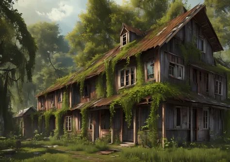 abandoned house full of plants, vines, moss, green, post apocalypse, realistic, render, lumion, v-ray, ultra realistic --auto --...