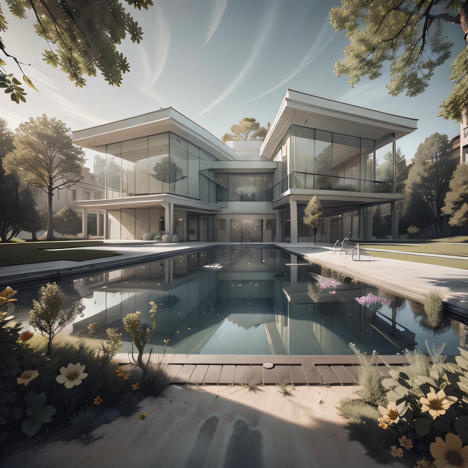 Organic modern architecture on a fairly large plot, from , there is a swimming pool in the middle of a large house of a flower, color of the house in chocolate brown and black beams, large modern residence, flat roofs and garden, render luxcore, render oktane, a photorealistic rendering, architectural rendering, mantra rendering, architectural rendering, realistic rendering, architectural visualization, wellness pool,  Architectural visualization, large green zones, with small zones of lavender flowers, green shrubs type lush green garden, as well as small water mirrors, swimming pool embedded in an area of sand, olive and pine trees around the house, paddle court next to the house