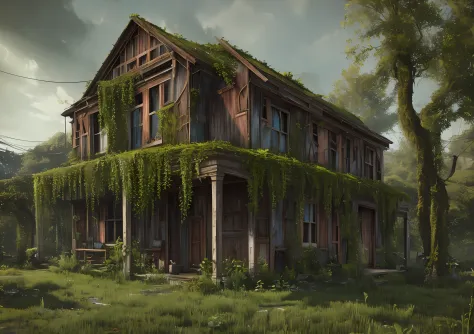 abandoned house full of plants, vines, moss, green, post apocalypse, realistic, render, lumion, v-ray, ultra realistic --auto --...