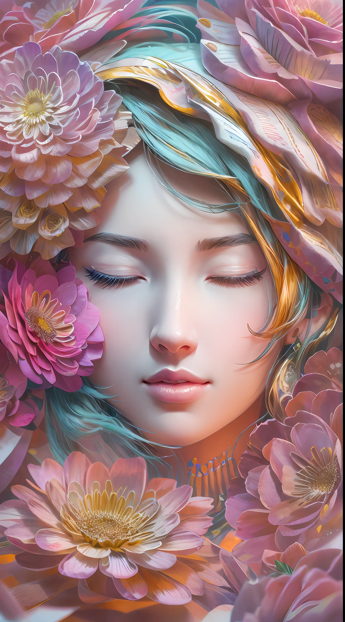illustration: 1.3), paper art, 3D rendering of, Colorful background, (Beautiful side face, closing her eyes: 1.3), (Rose: 1.2) (chrysanthemums: 1.2), Colorful, Best quality, Detailed details, Masterpiece, offcial art, movie light effect, 4K, Chiaroscuro , Flash