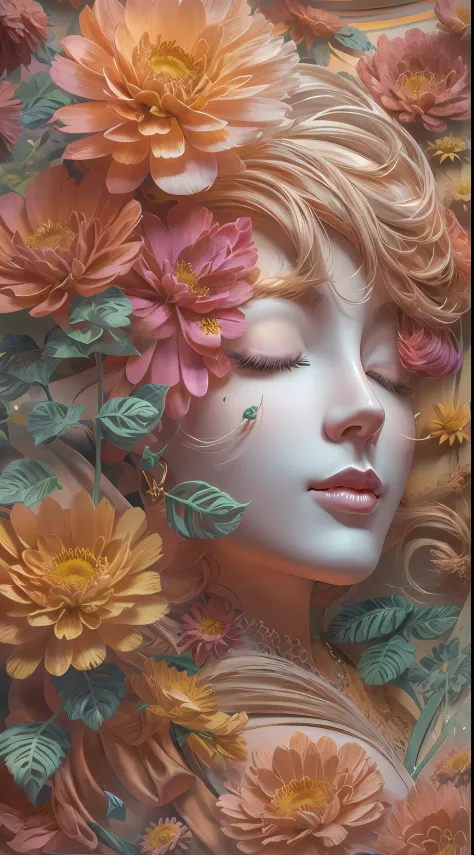 illustration: 1.3), paper art, 3D rendering of, Colorful background, (Beautiful side face, closing her eyes: 1.3), (Rose: 1.2) (...