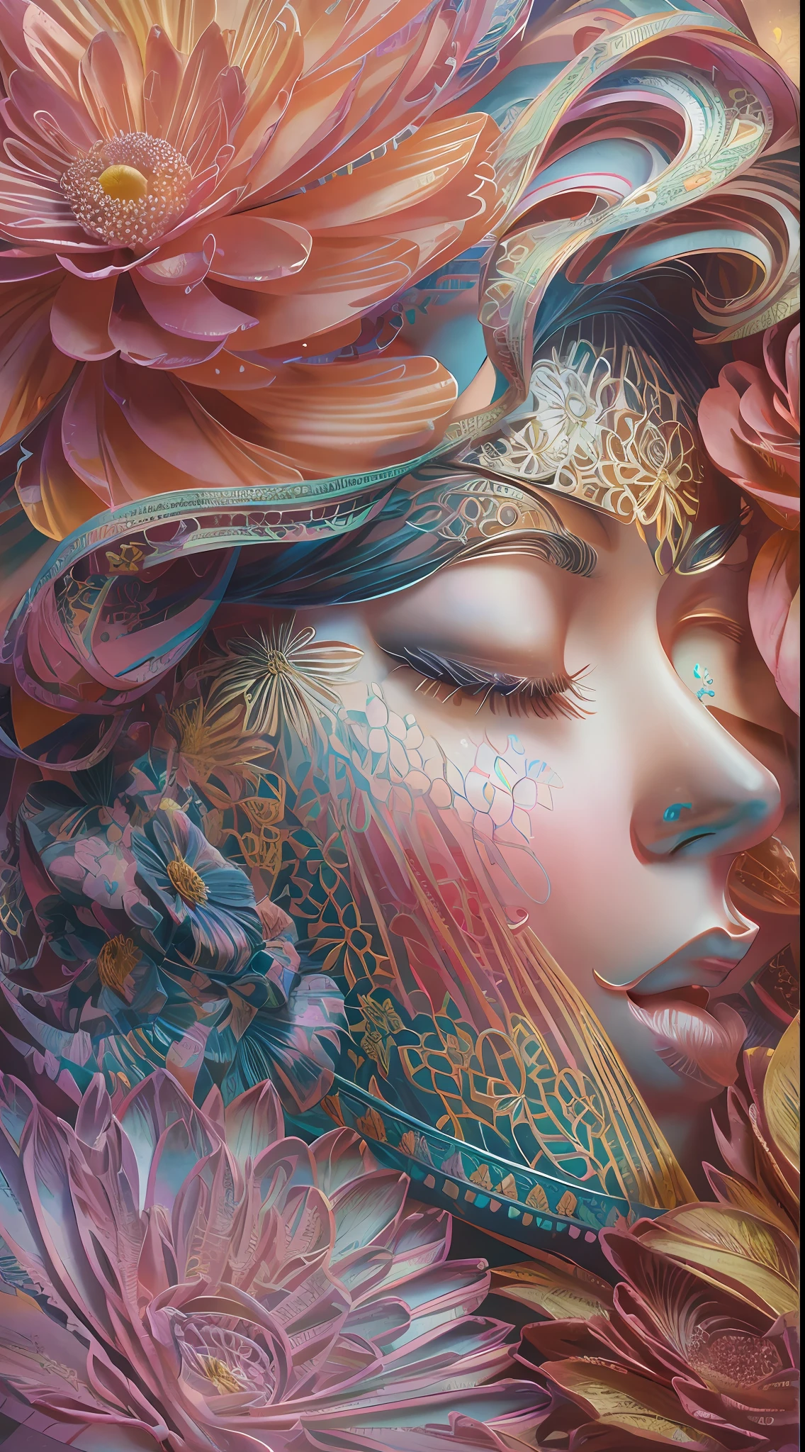 illustration: 1.3), paper art, 3D rendering of, Colorful background, (Beautiful side face, closing her eyes: 1.3), (Rose: 1.2) (chrysanthemums: 1.2), Colorful, Best quality, Detailed details, Masterpiece, offcial art, movie light effect, 4K, Chiaroscuro , Flash