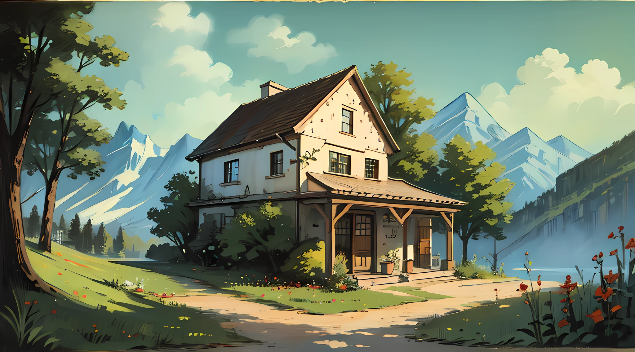山の中の田舎の家， 古典芸術， 油絵