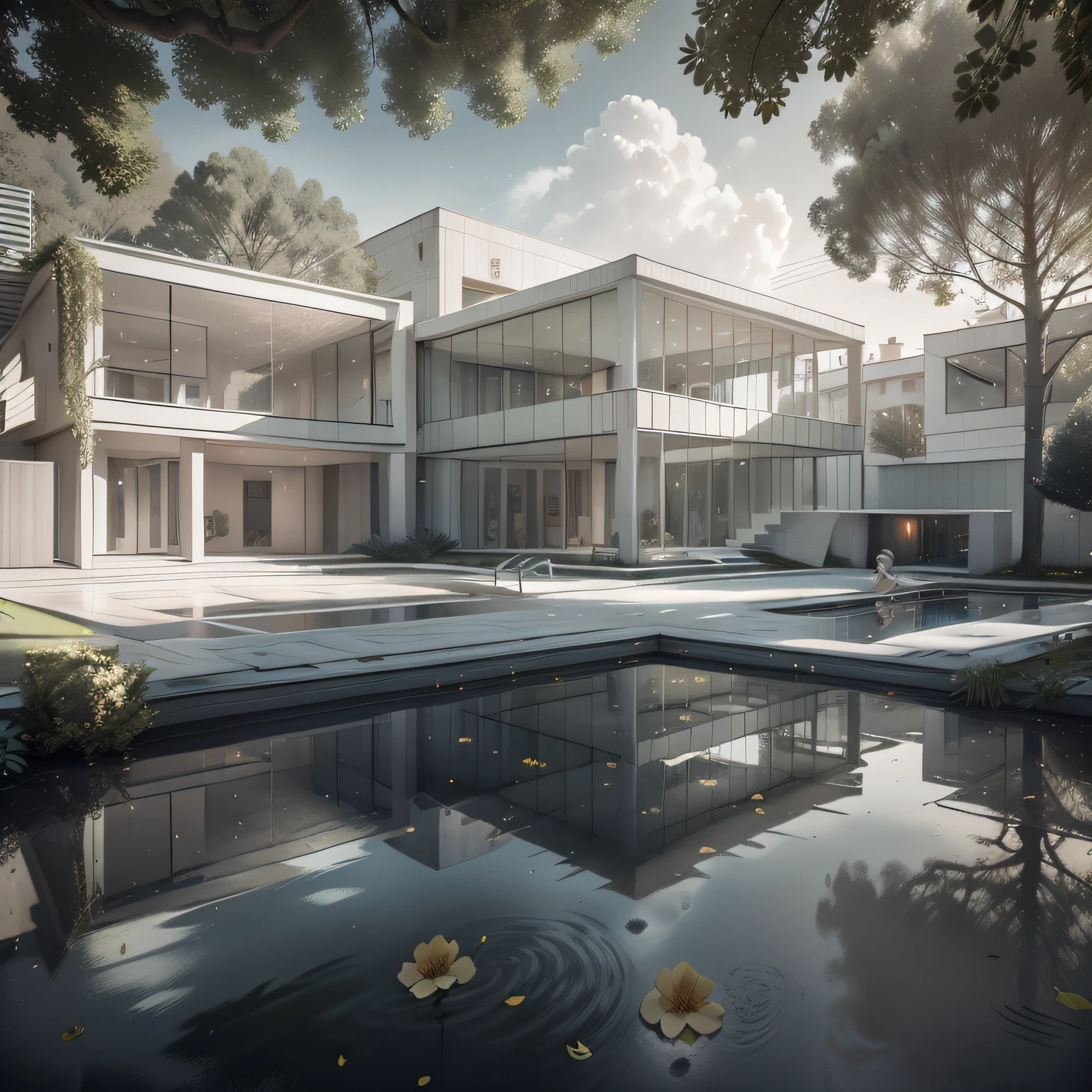 Organic modern architecture on a fairly large plot, from , there is a swimming pool in the middle of a large house of a flower, color of the house in chocolate brown and black beams, large modern residence, flat roofs and garden, render luxcore, render oktane, a photorealistic rendering, architectural rendering, mantra rendering, architectural rendering, realistic rendering, architectural visualization, wellness pool,  Architectural visualization, large green zones, with small zones of lavender flowers, green shrubs type lush green garden, as well as small water mirrors, swimming pool embedded in an area of sand, olive and pine trees around the house, paddle court next to the house