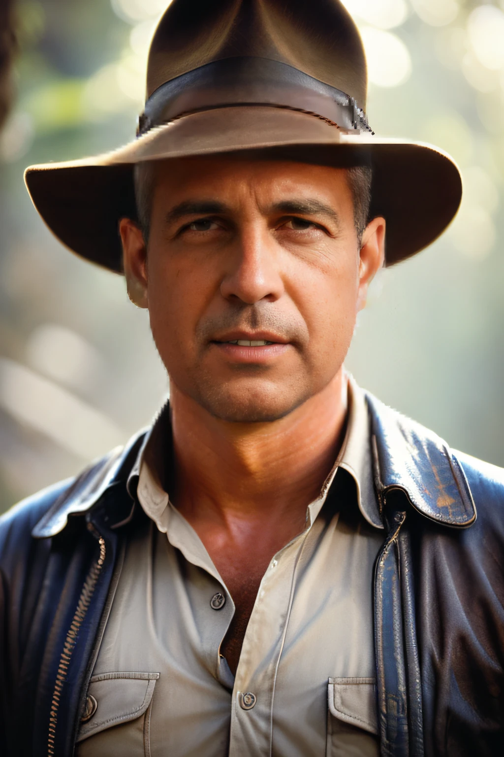 a highly detailed full portrait photo of a man with a shaggy beard like Indiana Jones with hat, (detailed face), (perfect detailed eyes: 1.1), (highly detailed skin: 1.1), perfect athletic body, Modelshoot style, professional photography, dramatic lighting, photorealistic, cinematic, realistic, sunset, standing on a forest jungle background, RAW,, sharp focus, 8k,  high resolution, DSLR, high quality, Fujifilm XT3, award-winning, masterpiece